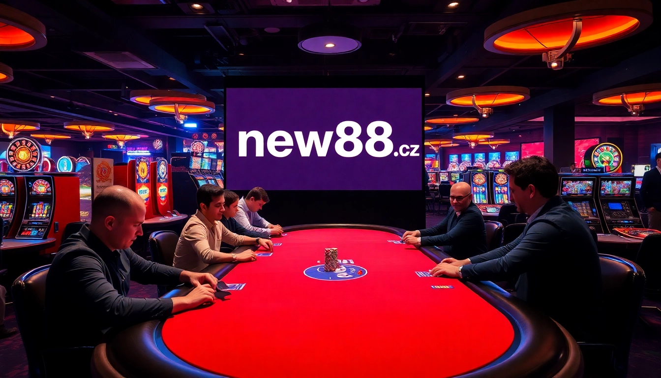 Experience exhilarating gameplay at new88.cz with authentic poker sessions amidst vibrant casino lights.