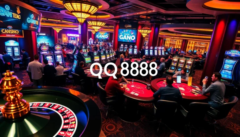 Experience the vibrant gaming excitement of qq888 with players enjoying roulette, poker, and slots at a lively casino.