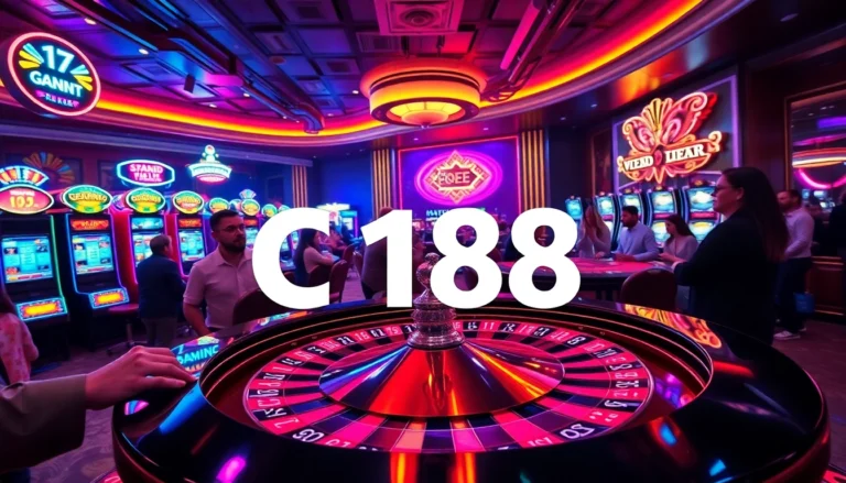 C168 casino scene with players eagerly betting at roulette, vibrant atmosphere, and colorful lights.