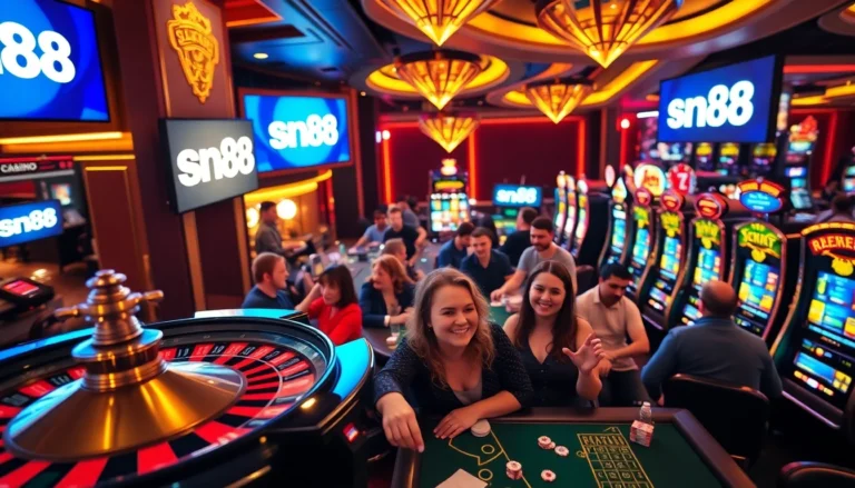 Experience the thrill of sn88 with players engaging at vibrant casino tables and slot machines.
