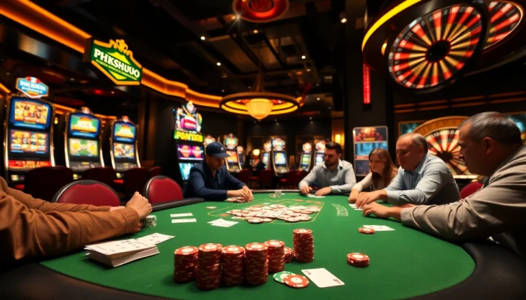 "Players strategize and place bets at the PH33 Casino poker table, surrounded by vibrant gaming machines."