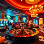 Experience the excitement of bgd33 in a vibrant casino scene, showcasing players at poker tables and bright slot machines.