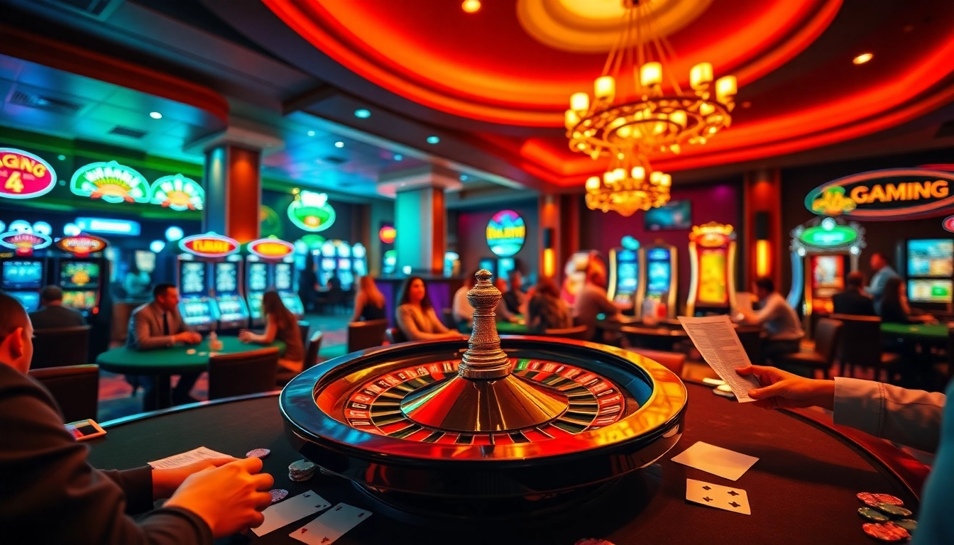 Experience the excitement of bgd33 in a vibrant casino scene, showcasing players at poker tables and bright slot machines.