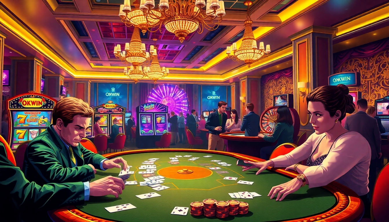 Okwin casino scene featuring a glamorous poker table with players immersed in an exciting game.