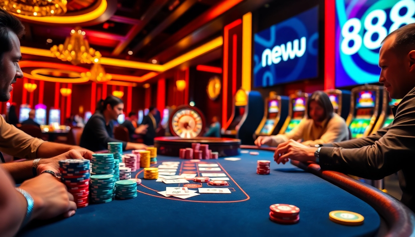 new88 casino players enjoy a high-stakes poker game surrounded by vibrant chips and cards.