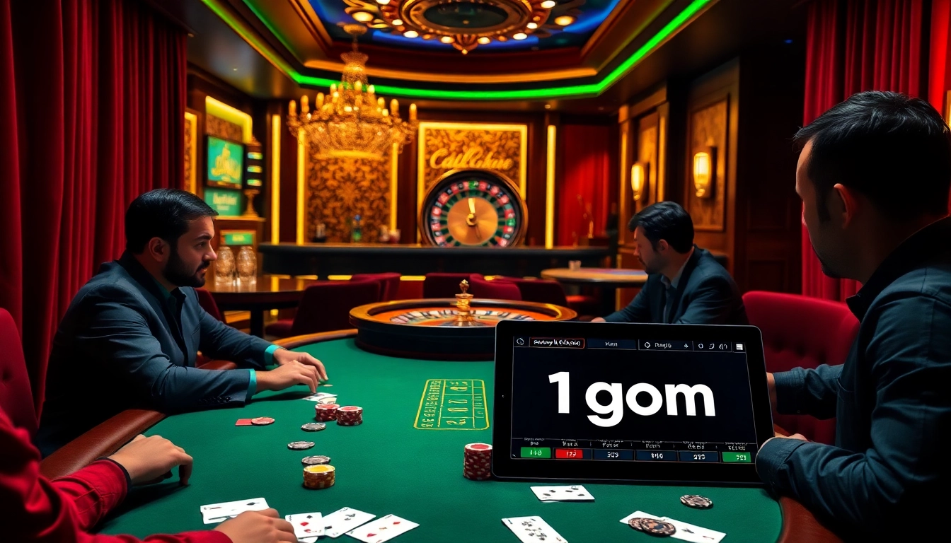 Experience the thrill of 1gom with players at a poker table surrounded by vibrant casino decor.