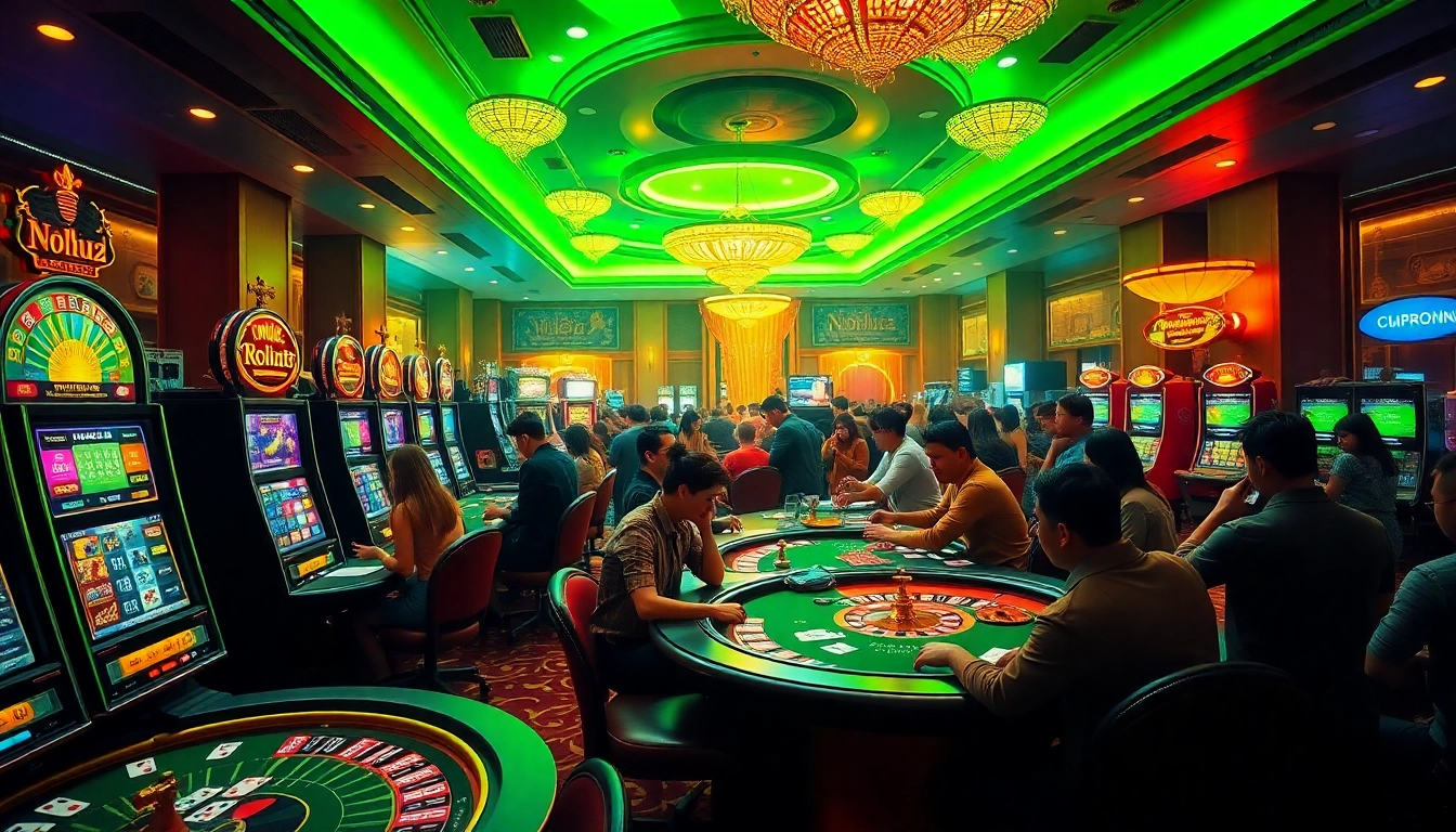 Experience the excitement of gambling at nohu52 with lively tables, engaged players, and colorful slot machines.