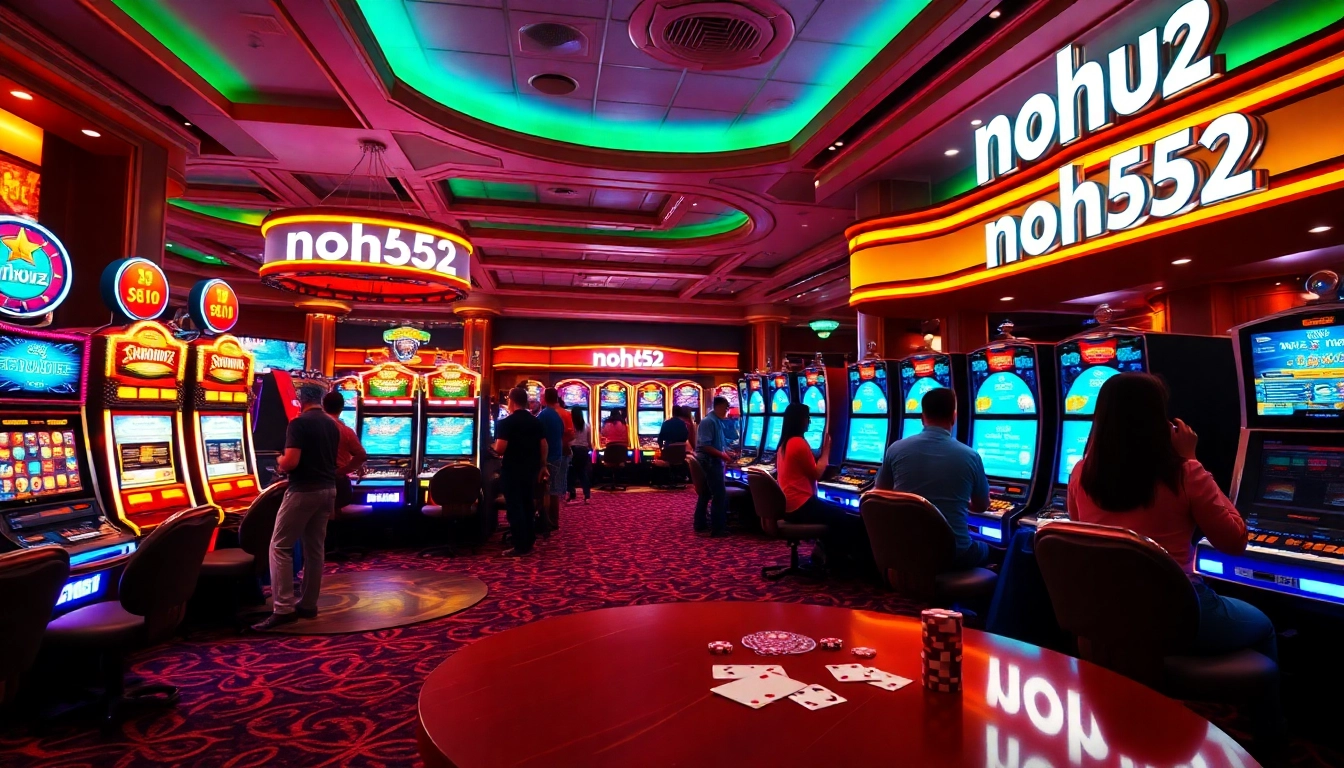 Experience nohu52 at this lively casino scene showcasing vibrant slot machines and enthusiastic players.
