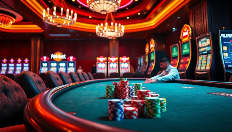 Experience the thrill of the f88 bet casino atmosphere with poker tables, colorful chips, and dynamic online gaming elements.