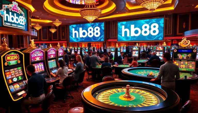 Excited players at hb88 casino tables, showcasing poker chips and bright slot machines in a vibrant casino ambiance.