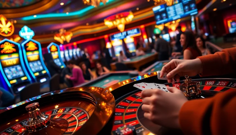 Vibrant casino scene showcasing players at the kuwin gaming tables, engaging in thrilling roulette and poker action.