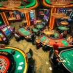 Experience the thrill of gaming at 789f com with bustling casino activity featuring poker chips, roulette wheels, and lively players.