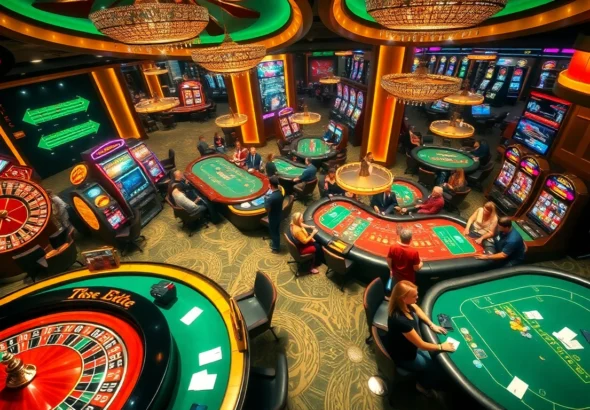 Experience the thrill of gaming at 789f com with bustling casino activity featuring poker chips, roulette wheels, and lively players.