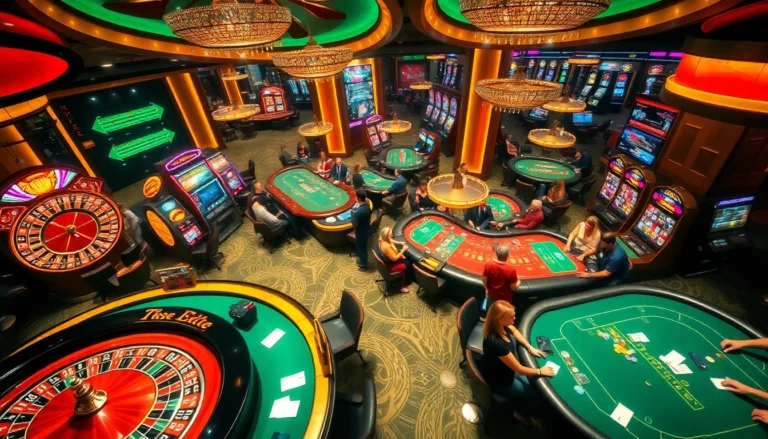 Experience the thrill of gaming at 789f com with bustling casino activity featuring poker chips, roulette wheels, and lively players.