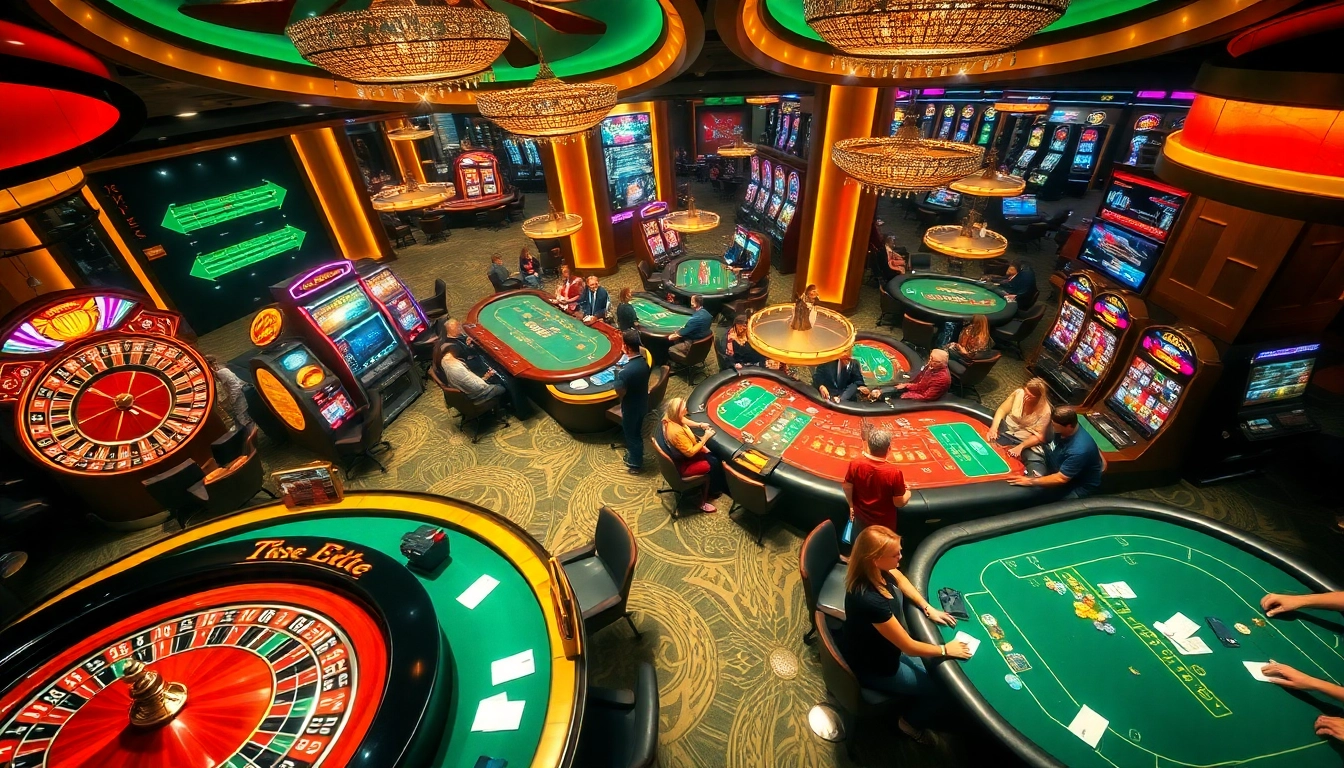 Experience the thrill of gaming at 789f com with bustling casino activity featuring poker chips, roulette wheels, and lively players.