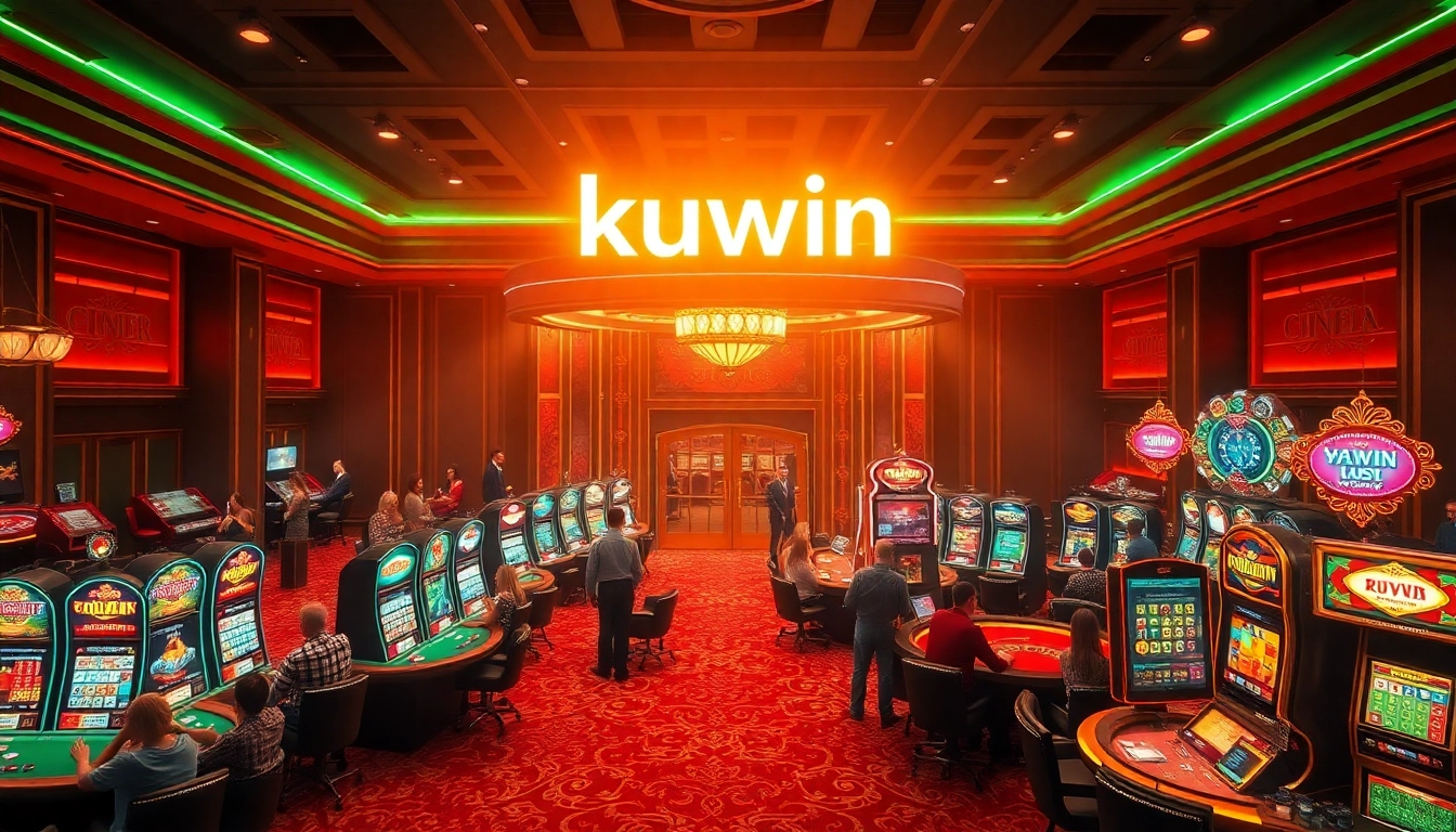 Kuwin casino scene showcasing players at lively tables, tension rising as they wager on big wins.