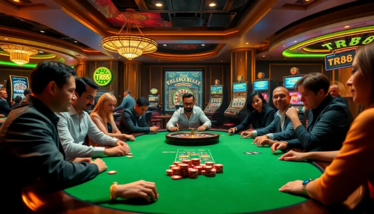 Tr88 highlights an intense poker game at a luxurious casino with vibrant lighting and diverse players.