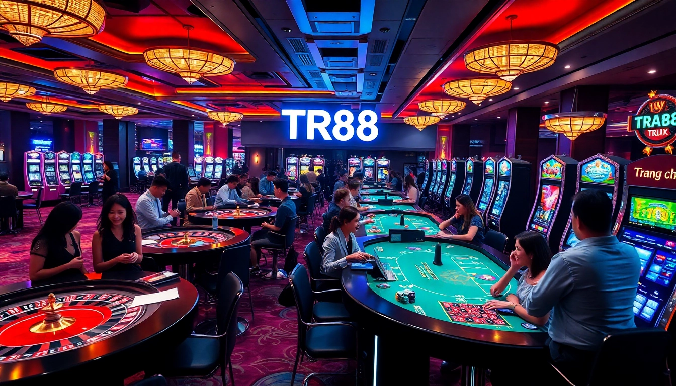 Experience the excitement of winning at TR88 Trang chủ with vibrant casino tables, poker chips, and slot machines.