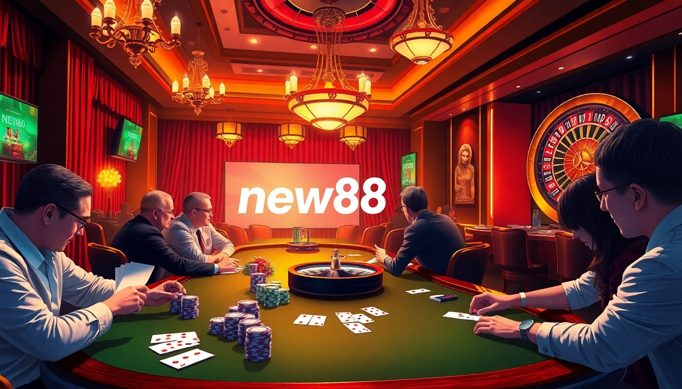 New88 offers thrilling poker games in a luxurious casino setting filled with vibrant action and excitement.